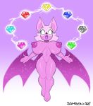  3_toes bat bat_ears bat_wings big_breasts chaos_emerald chiropteran completely_nude eyeshadow furry gradient_background mammal membrane_(anatomy) membranous_wings pink_skin rouge_the_bat samson_00 sega sonic sonic_the_hedgehog_(series) tan_skin teal_eyes white_hair wings 