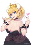 1girl bare_shoulders big_breasts black_dress blue_eyes bowsette breasts choker cleavage collar crown dress earrings finger_to_mouth horns large_breasts long_hair looking_at_viewer nail_polish new_super_mario_bros._u_deluxe open_mouth pointy_ears ponytail smile spiked_bracelet spiked_collar super_mario_bros.