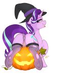 1girl anus ass cutie_mark female female_only female_unicorn friendship_is_magic halloween hat horn looking_at_viewer my_little_pony pony presenting_hindquarters pumpkin pussy pussy_juice pussy_juice_leaking ratofponi solo starlight_glimmer stockings tail unicorn witch_hat