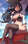 1girl animal_ears atago_(azur_lane) azur_lane black_bikini black_hair breasts brown_eyes brown_legwear cleavage crossed_legs high_heels holding holding_umbrella huge_breasts light_smile magister_(medical_whiskey) parted_lips race_queen shrug_(clothing) sitting smile thighhighs thighs umbrella