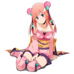 1girl bare_shoulders big_breasts breasts cleavage dress full_body geta hair_ornament long_hair official_art onigiri_(mmorpg) orange_hair patterned_legwear pink_hair purple_eyes sitting skirt stockings tabi thighs wide_sleeves zettai_ryouiki