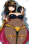 1girl bangs big_breasts black_hair blunt_bangs bodysuit book bracelet breasts bridal_gauntlets cape circlet cleavage covered_navel curvy fire_emblem fire_emblem_awakening jewelry nail_polish pink_nails skin_tight smirk tharja thighs tiara wide_hips yellow_eyes