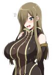 1girl arms_behind_back bare_shoulders big_breasts black_dress blue_eyes blush bouncing_breasts breasts brown_hair covered_navel detached_sleeves dress embarrassed hair_over_one_eye large_breasts long_hair looking_down motion_lines open_mouth sidelocks simple_background skin_tight tales_of_(series) tales_of_the_abyss tear_grants