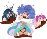 4girls breasts deepthroat edit fellatio friendship_is_magic hair_over_one_eye horn humanized interracial large_breasts lipstick looking_at_viewer multicolored_hair multiple_girls my_little_pony oral penis princess_celestia princess_luna pubic_hair queen_chrysalis sundown tiara v wings