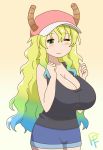 1girl arms_up bangs bare_shoulders baseball_cap big_breasts black_tank_top blonde_hair blue_hair blush breasts cleavage green_eyes hair_between_eyes horns huge_breasts jean_shorts long_hair miss_kobayashi's_dragon_maid multicolored_hair one_eye_closed quetzalcoatl_(dragon_maid) shorts simple_background smile tank_top