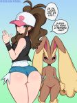 1girl afrobull anthro ass clothing hilda hilda_(pokemon) human_focus lagomorph looking_at_viewer lopunny mammal nintendo not_furry_focus pokémon_(species) pokemon pokemon_(game) pokemon_bw pokemon_species shorts speech_bubble text touko_(pokemon) video_games