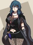 1girl armor bangs big_breasts black_corset black_legwear blue_eyes blue_hair breasts byleth corset fire_emblem fire_emblem:_three_houses hair_between_eyes jacket jewelry knife large_breasts leggings looking_at_viewer navel shorts thighs