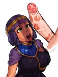  1boy 1girl anonymous borvar dark-skinned_female dark_skin female green_eyes imminent_fellatio imminent_sex kiss_mark lipstick lipstick_mark menat on_knees open_mouth penis purple_hair street_fighter tongue tongue_out 