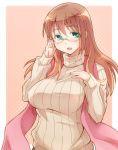  1girl adjusting_glasses bangs big_breasts blush breasts brown_hair e20 glasses green_eyes hair_between_eyes large_breasts long_hair looking_at_viewer matsumi_yuu megane open_mouth ribbed_sweater saki_(series) saki_achiga-hen scarf smile sweater 