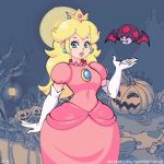  blonde_hair bouncing_breasts fangs jack-o&#039;-lantern nipples outfit princess_peach purple_nails red_eyes red_lipstick super_mario_bros. supersatanson tagme transformation vampire video webm 