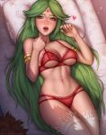 1girl alluring arms_up bed big_breasts blush bra breasts forehead_jewel green_eyes green_hair heart kid_icarus lingerie long_hair looking_at_viewer navel nipples open_mouth palutena panties red_bra red_panties see-through thighhighs thighs