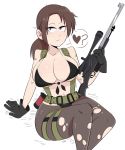  1girl big_breasts bikini_bottom bikini_top black_bikini black_gloves breasts brown_hair cleavage gloves grey_eyes holding_weapon jinu large_breasts looking_at_viewer metal_gear_solid_v navel pantyhose ponytail quiet_(metal_gear) revealing_clothes ripped_clothes simple_background sitting sniper_rifle thighs 