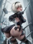 1girl ass ass_grab blush fog masturbation mumeaw nier nier:_automata patreon_reward pussy see-through see-through_panties short_hair silver_hair sitting_on_object skirt_lift tongue tongue_out weapon yorha*2*b yorha_2b yorha_no._2_type_b