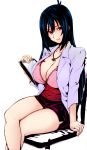 1girl arm_support bangs big_breasts blouse blue_hair breasts brown_hair chair cleavage clipboard coat crossed_legs hair_between_eyes jewelry large_breasts legs maken-ki! miniskirt necklace nijou_aki panties pantyshot pantyshot_(sitting) sitting skirt smile takeda_hiromitsu thighs underwear