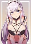 1girl ass_visible_through_thighs azur_lane bangs belfast_(azur_lane) bent_over bikini black_bikini braid breasts chain cleavage collar french_braid hair_between_eyes large_breasts leaning_forward long_hair looking_at_viewer maid maid_headdress metal_collar navel purple_background purple_eyes smile swimsuit white_hair