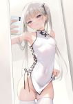 female_only holding_phone looking_at_viewer no_panties partially_visible_vulva posing pulled_by_self purple_eyes self_shot silver_hair small_breasts twin_tails uncensored white_legwear