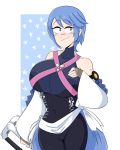 1girl aqua_(kingdom_hearts) bare_shoulders big_breasts blue_eyes blue_hair breasts covered_navel curvy detached_sleeves huge_breasts jinu keyblade kingdom_hearts looking_away short_hair smile straps zipper