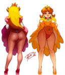 2019 2girls blonde_hair brunette crown dress dress_lift earrings elbow_gloves female female_only flashing high_heels long_hair nintendo princess_daisy princess_peach robert_porter short_hair super_mario_bros. thong