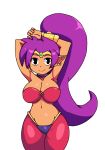 1girl :) arms_up big_breasts breasts cleavage cute dark-skinned_female dark_skin deviantart earrings forehead_jewel iggy-bomb looking_at_viewer midriff navel pointy_ears ponytail purple_hair shantae shantae_(character) simple_background smile thighs