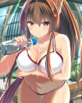  1girl :/ ass_visible_through_thighs bangs big_breasts bikini blush bottle breast_hold breasts brown_eyes brown_hair fisheye food fruit hair_between_eyes hair_intakes hair_ornament kantai_collection kayari_buta kuroame_(kurinohana) leaning_forward long_hair looking_at_viewer navel outside ponytail pouring ramune red_eyes skindentation swimsuit very_long_hair watermelon wet white_bikini yamato_(kantai_collection) 