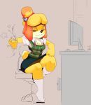 1girl 3tc animal_crossing anthro bell black_eyes blonde_hair breasts canid canine canis chair cleavage clothed clothing computer cum disembodied_penis domestic_dog ejaculation erection full_body fur furry hair half-closed_eyes handjob high_res isabelle_(animal_crossing) jingle_bell legwear male male/female mammal miniskirt motion_lines nintendo penis sex shih_tzu shirt short_hair short_stack sitting skirt smile socks solo_focus star teeth topknot vest video_games yellow_fur