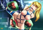  arms_behind_back blonde_hair bondage harness metroid metroid_(creature) nintendo palcomix ring_gag samus_aran slavetoon slavetoon* 