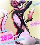  1girl 2018 anthro bdsm bondage bound clothing collar digital_media_(artwork) dildo felid feline fur furry hair leash leggings legwear lube male mammal piercing pink_fur purple_hair rubber sex_toy shirt simple_background tank_top white_fur yellow_background yildun yildunstar 