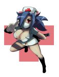 1girl blue_hair breasts cleavage eyepatch gloves hair_over_one_eye large_breasts legs mask nurse nurse_cap red_eyes running skullgirls surgical_mask symbol-shaped_pupils thighs valentine_(skullgirls) white_gloves