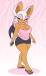 animal_ears anthro bat_wings black_skirt blue_eyes breasts cleavage earrings full_body furry holding holding_phone jewelry large_breasts legs lipstick looking_at_viewer makeup mascara miniskirt omegasunburst phone rouge_the_bat sandals sega tank_top thighs wings