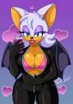 1girl animal_ears anthro bat_wings bedroom_eyes blue_eyes bodysuit bra breasts cleavage fangs furry holding holding_phone large_breasts latex_suit lipstick makeup mascara phone pink_bra rouge_the_bat sega selfpic unzipped wings