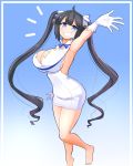  1girl bare_shoulders barefoot black_hair blue_background blue_eyes blue_ribbon breasts cleavage dungeon_ni_deai_wo_motomeru_no_wa_machigatteiru_darou_ka feet full_body gloves grin hestia_(danmachi) legs long_hair looking_at_viewer rei_no_himo ribbon smile teeth theycallhimcake thighs twin_tails very_long_hair white_gloves 