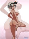 1girl 1girl 1girl alternative_bust_size areola ass back barefoot bea_(pokemon) big_breasts blonde blue_eyes breasts dark-skinned_female dark_skin erect_nipples eye_contact eyelashes feet female_only hairband high_resolution holding layerth leg_grab leg_lift looking_at_viewer looking_back nintendo nipples nude pokemon pokemon_(game) pokemon_sword_&_shield pose short_hair sideboob soles source_request standing text thick_thighs thighs toes watermark wide_hips zoom_layer