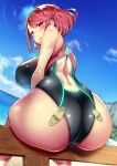 1girl ass back big_breasts blush breasts clouds competition_swimsuit from_behind heroine looking_at_viewer looking_back nintendo one-piece_swimsuit pyra_(xenoblade) red_eyes red_hair short_hair sideboob sitting sky smile swimsuit xenoblade_(series) xenoblade_chronicles_2