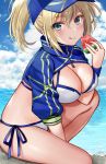 1girl artoria_pendragon baseball_cap bikini blonde_hair blue_eyes blue_hat breasts cleavage clouds cropped_jacket fate/grand_order fate_(series) food fruit hair_between_eyes hair_through_headwear hat hijiri_ruka holding holding_food large_breasts mysterious_heroine_x ocean ponytail shrug_(clothing) side-tie_bikini sitting sky swimsuit watermelon white_bikini wristband zipper_pull_tab