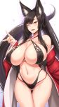  1girl animal_ears areola areola_slip ass_visible_through_thighs bare_shoulders black_hair blush breasts cleavage covered_nipples fangs fox fox_shadow_puppet halter_top halterneck high_ponytail huge_breasts japanese_clothes kimono kitsune lips long_hair maman_(shuugetsu_karasu) mole mole_under_eye navel off_shoulder open_kimono open_mouth original red_kimono shuugetsu_karasu sidelocks sling_bikini smile swimsuit thigh_gap very_long_hair wide_hips 