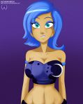  1girl alcasar-reich bare_shoulders big_breasts blue_eyes blue_hair blue_lipstick breasts cleavage crescent_moon female female_human female_only friendship_is_magic humanized lipstick looking_at_viewer makeup mascara medium_hair midriff my_little_pony navel princess_luna purple_background simple_background smile 