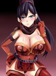  1girl black_hair blue_eyes blush breasts cleavage clenched_hand covered_navel earrings elbow_gloves gloves hand_on_hip high_ponytail huge_breasts lian_shi long_hair looking_at_viewer megane_man sangoku_musou shin_sangoku_musou smile thigh_high_boots thighs 