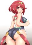  1girl ass black_swimsuit blush breasts competition_swimsuit erect_nipples hair_ornament large_breasts looking_at_viewer looking_back nintendo one-piece_swimsuit parted_lips pyra red_eyes red_hair short_hair simple_background swimsuit thigh_gap white_background xenoblade xenoblade_(series) xenoblade_chronicles_2 