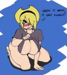 1girl 2019 big_breasts blonde_hair blush bottomless breasts cartoon_network cleavage darkeros dialogue embarrassed hair_over_one_eye mandy_(billy_&_mandy) no_nose shirt_lift short_hair solo_focus teeth the_grim_adventures_of_billy_and_mandy