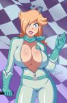 1girl 2017 arm_support belt blonde_hair blue_eyes blue_gloves breasts cleavage crown dpsiko gloves hair_over_one_eye jumpsuit large_breasts lips long_hair looking_at_viewer mario_kart mrdeepay navel parted_lips princess_rosalina rosalina sagging_breasts scarf signature smile super_mario_bros. thighs wide_hips