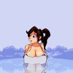 1girl bikini bouncing_breasts breasts brown_hair cleavage gif gif gif huge_breasts navel outside ponytail purple_bikini purple_eyes sling_bikini thighs towel water wide_hips