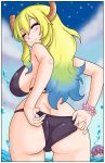 1boy 1girl ass bikini bikini_pull black_bikini blonde_hair blue_hair blush bracelet butt_crack closed_eyes hair_between_eyes horns kobayashi-san_chi_no_maidragon large_ass large_breasts long_hair looking_at_viewer looking_back miss_kobayashi's_dragon_maid multicolored_hair quetzalcoatl_(dragon_maid) sideboob smile swimsuit water