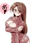 1girl arm_under_breasts azumanga_daioh big_breasts black_eyes blush breasts brown_hair cleavage cleavage_cutout contrapposto embarrassed glasses koyomi_mizuhara long_hair looking_at_viewer mizuhara_koyomi open-chest_sweater ribbed_sweater simple_background sweatdrop sweater tsuki_wani white_background