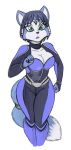  1girl alluring animal_ears anthro blue_eyes blue_fur blue_hair bodysuit breasts choker cleavage forehead_jewel furry jewelry krystal large_breasts nintendo omegasunburst simple_background star_fox star_fox_adventures star_fox_assault tail thighs video_games white_background white_fur wide_hips 