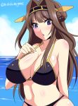  1girl arm_behind_back bikini breasts brown_hair cleavage hair_intakes hairband kantai_collection kongou_(kantai_collection) large_breasts long_hair looking_at_viewer megane_man navel ocean open_mouth purple_eyes swimsuit water wide_hips 