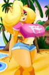 1girl activision alluring anthro bandicoot beach big_breasts blonde_hair breasts brown_skin cleavage clothed crash_bandicoot_(series) curvy eyeshadow furry green_eyes hair_over_one_eye huge_breasts legs long_hair looking_at_viewer mammal marsupial midriff navel non-nude outside pink_nails sexy shirt short_shorts shorts skin_tight slut standing stomach tawna_bandicoot thick thick_thighs tight_clothes walking wide_hips