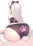  1girl animal_ear_fluff animal_ears ass ass_focus azur_lane big_ass black_bra black_panties black_underwear bow bra contentious_content facing_away feet female female_only frilled_bra frilled_underwear frills from_behind hair hair_bow hair_ornament hair_ribbon hairband hammann_(azur_lane) high_resolution long_hair meme_attire nekomimi one_side_up panties panties_day paw_panties paw_print pokachu pokachu_(pixiv_725780) pokachurorichu printed_panties red_ribbon ribbon simple_background sitting socks solo_female underwear very_long_hair white_background white_hair white_legwear 