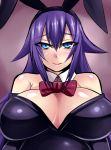  1girl animal_ears bare_shoulders blue_eyes bowtie breasts bunny_ears bunnysuit cleavage hair_ornament large_breasts long_hair megane_man purple_hair red_bowtie upper_body 