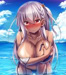 1girl asymmetrical_hair bikini bikini_tan blue_bikini blue_sky blush braid breasts cameltoe covering_breasts day embarrassed hair_between_eyes long_hair looking_at_viewer mizunoe_kotaru ocean original outside red_eyes side-tie_bikini side_braid sky swimsuit tan tan_line untied untied_bikini wading wardrobe_malfunction water wet