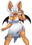 1girl afraid animal_ears anthro bat_wings blue_eyes blue_nails breasts cleavage dress fangs furry large_breasts legs lipstick makeup nail_polish omegasunburst open_mouth painted_nails rouge_the_bat sega tail torn_clothes transparent_background wide_hips wings